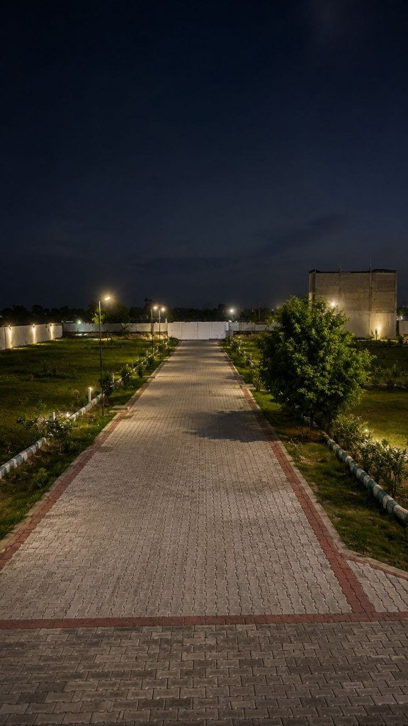 Well-lit paved township road at night